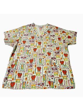 Peaches Uniforms V-Neck Scrub Top X-Large Loving Healing Caring No Size Tag READ